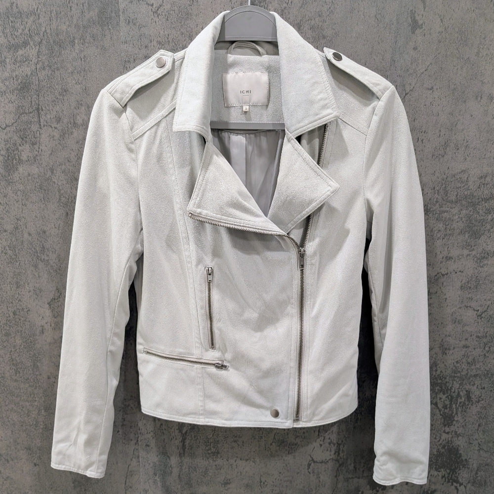 ICHI Light Gray Suede-Effect Moto Jacket - Women's Leather Style
